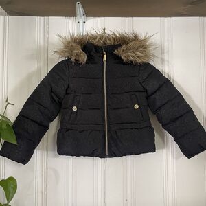 Michael Kors Girl’s Black Leopard Print Full Zip Faux Fur Hood Jacket Size 5/6